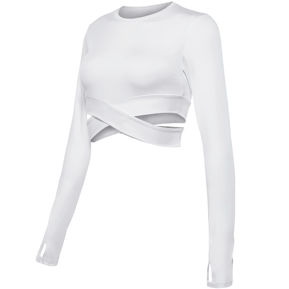 White long sleeves fitness top for women, slim crew neck crop with cross waist design - perfect yoga wear SF0047